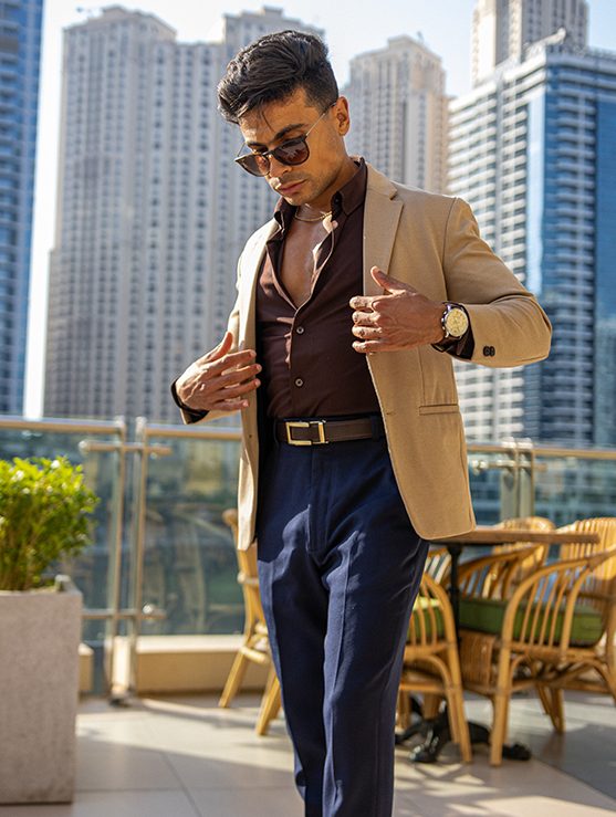 Mekawi wearing MEKLINK brown / gold in Dubai Marina