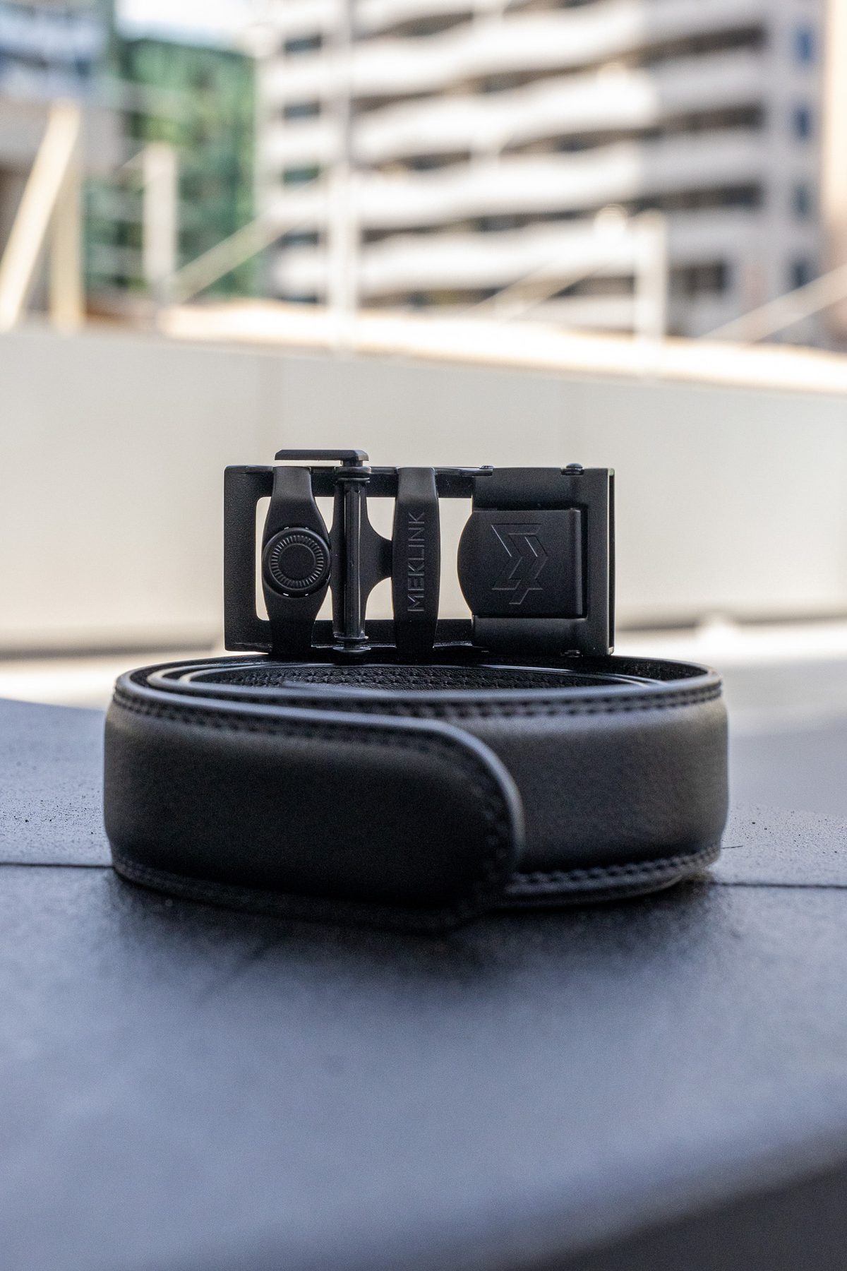 Black leather MEKLINK with black buckle, Dubai rooftop
