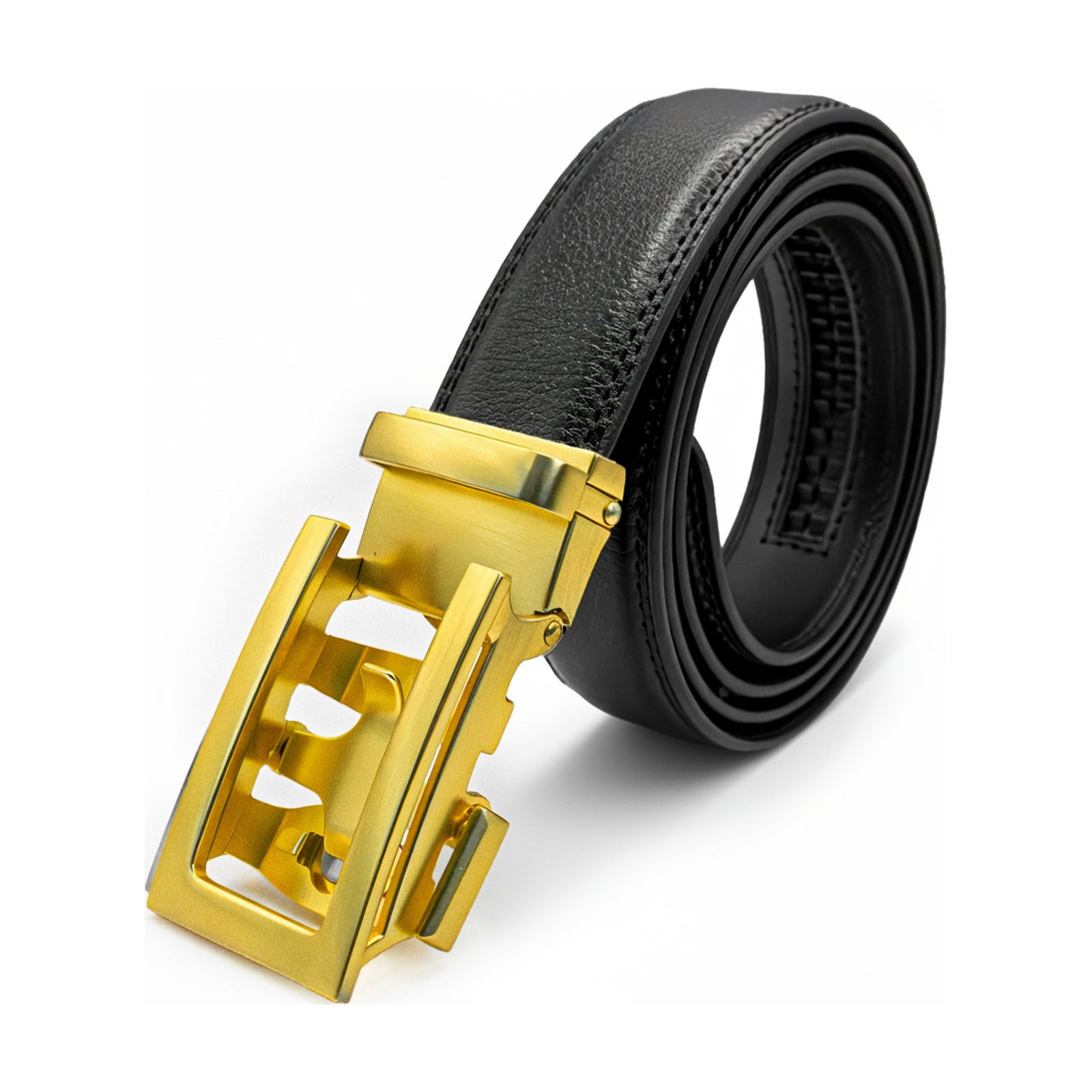 MEKLINK Meridian — black leather with warm gold buckle, studio detail