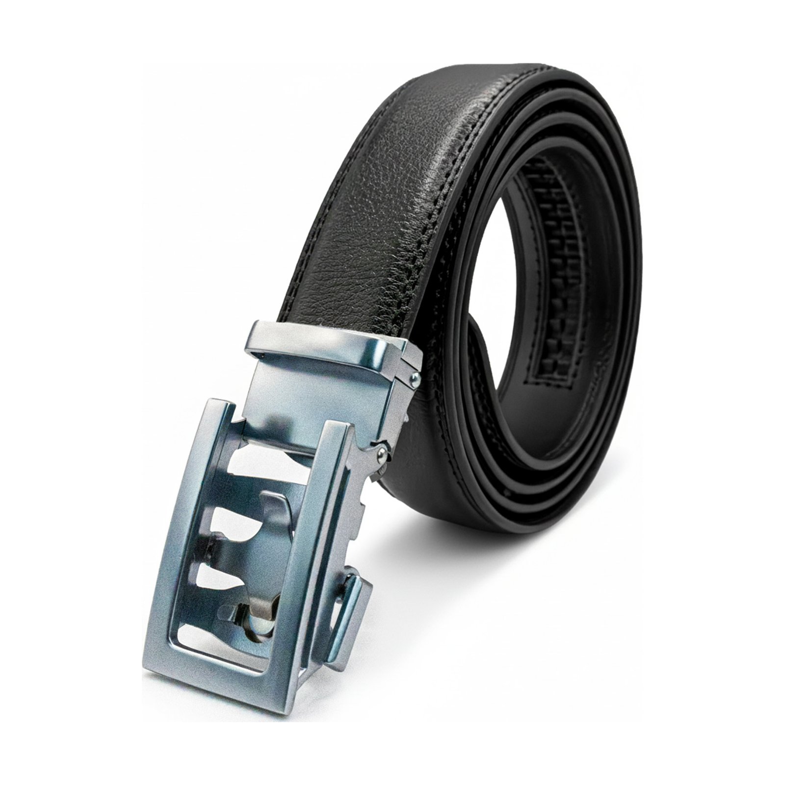 MEKLINK Meridian — black leather with polished silver buckle, studio detail