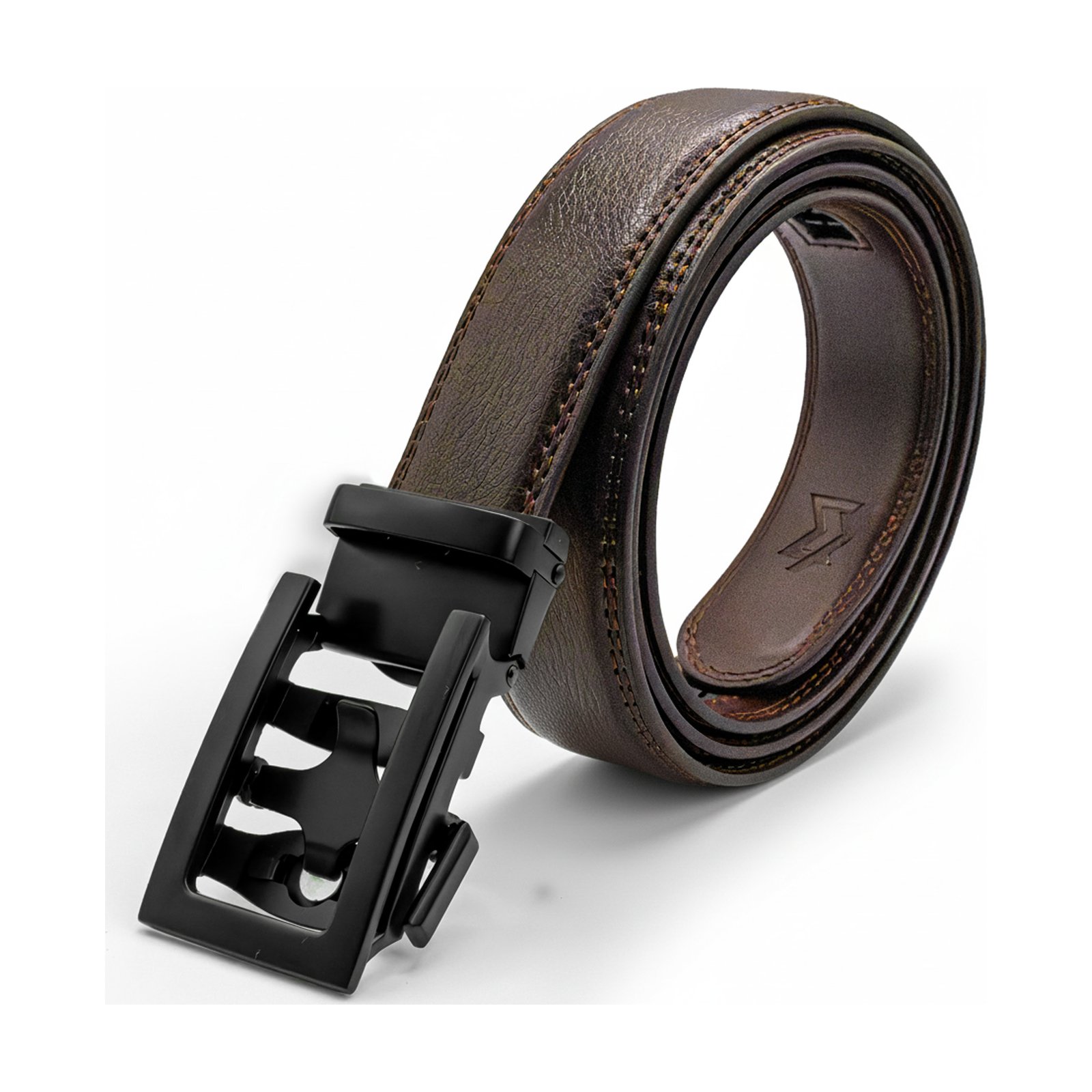 MEKLINK Oxford — brown leather with matte black buckle, studio detail