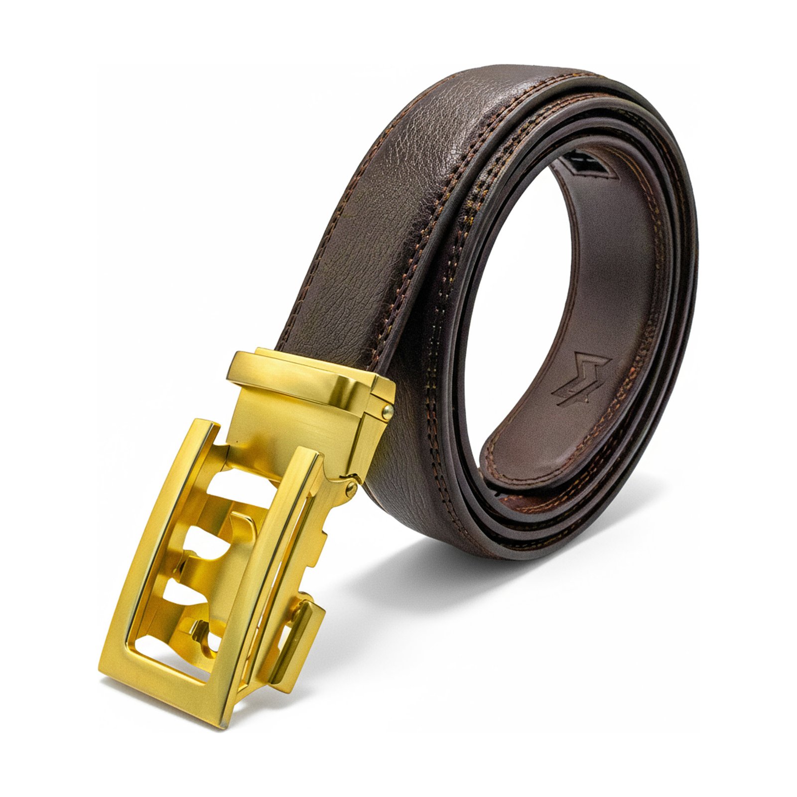 MEKLINK Oxford — brown leather with warm gold buckle, studio detail