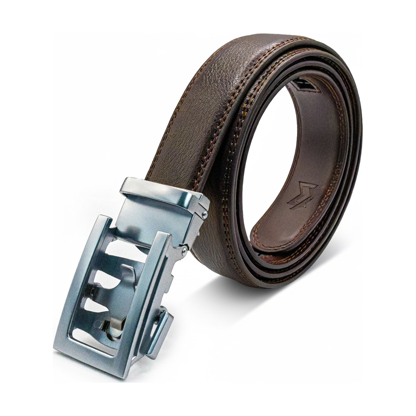MEKLINK Oxford — brown leather with polished silver buckle, studio detail