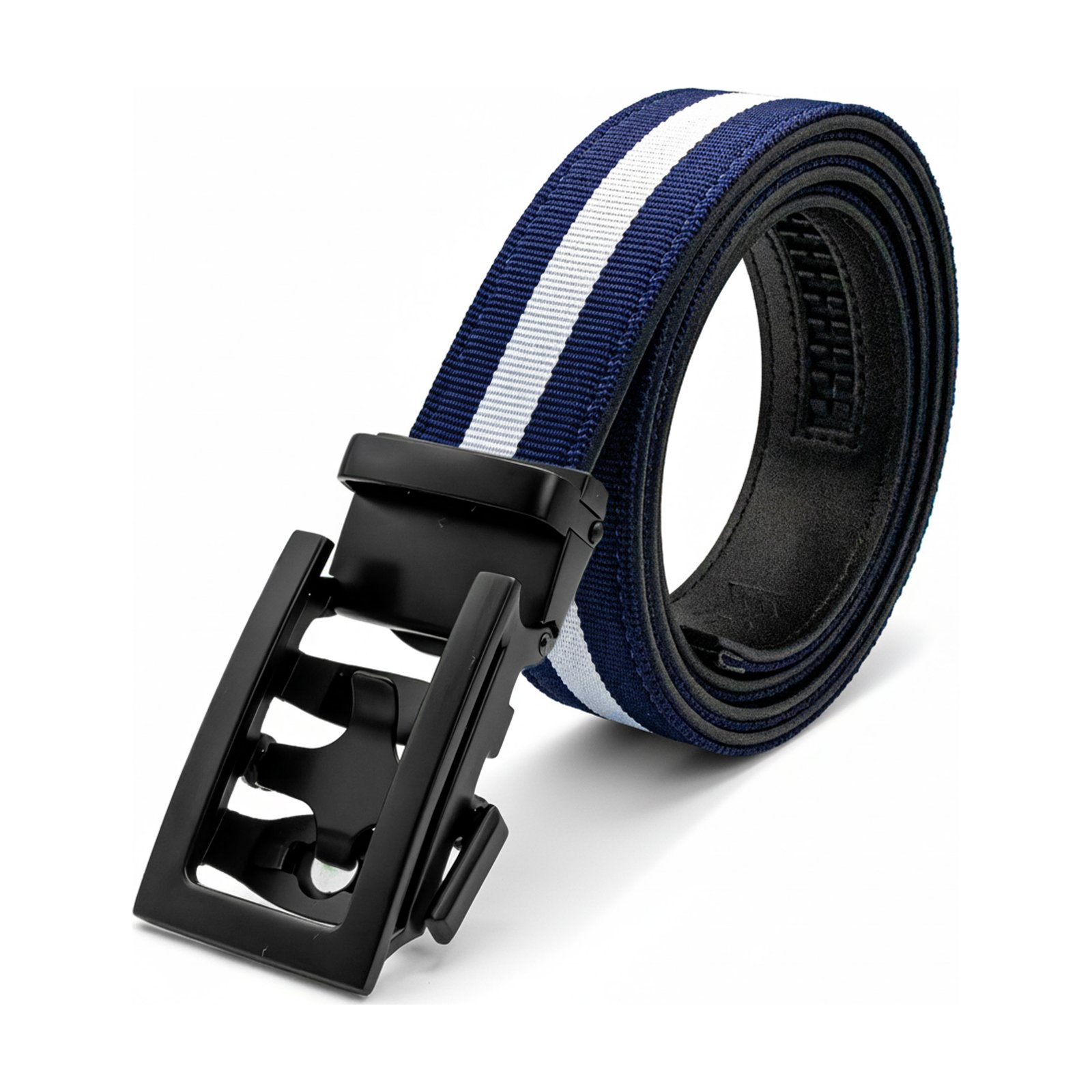 MEKLINK Metro — navy-white striped strap with matte black buckle, studio detail