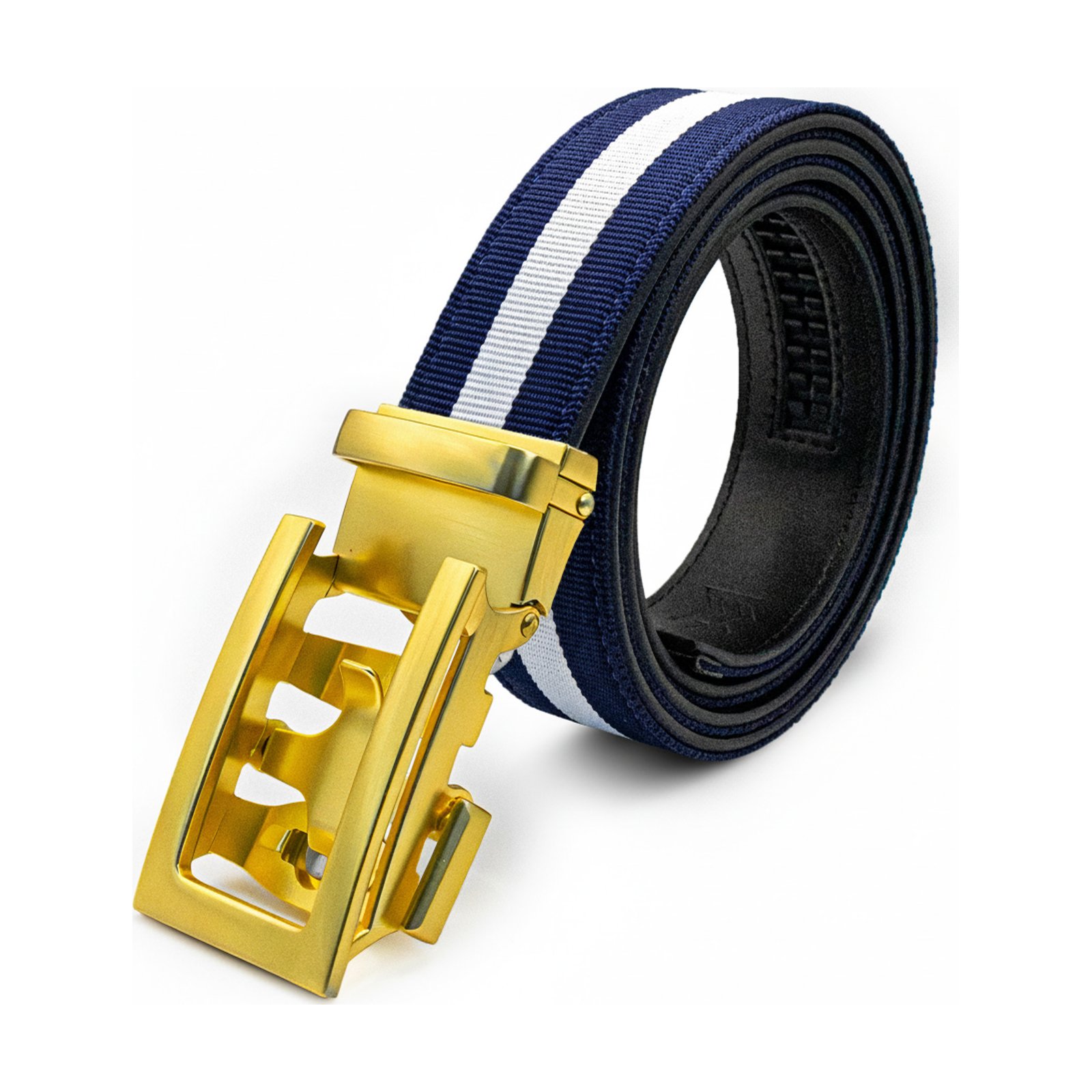 MEKLINK Metro — navy-white striped strap with warm gold buckle, studio detail