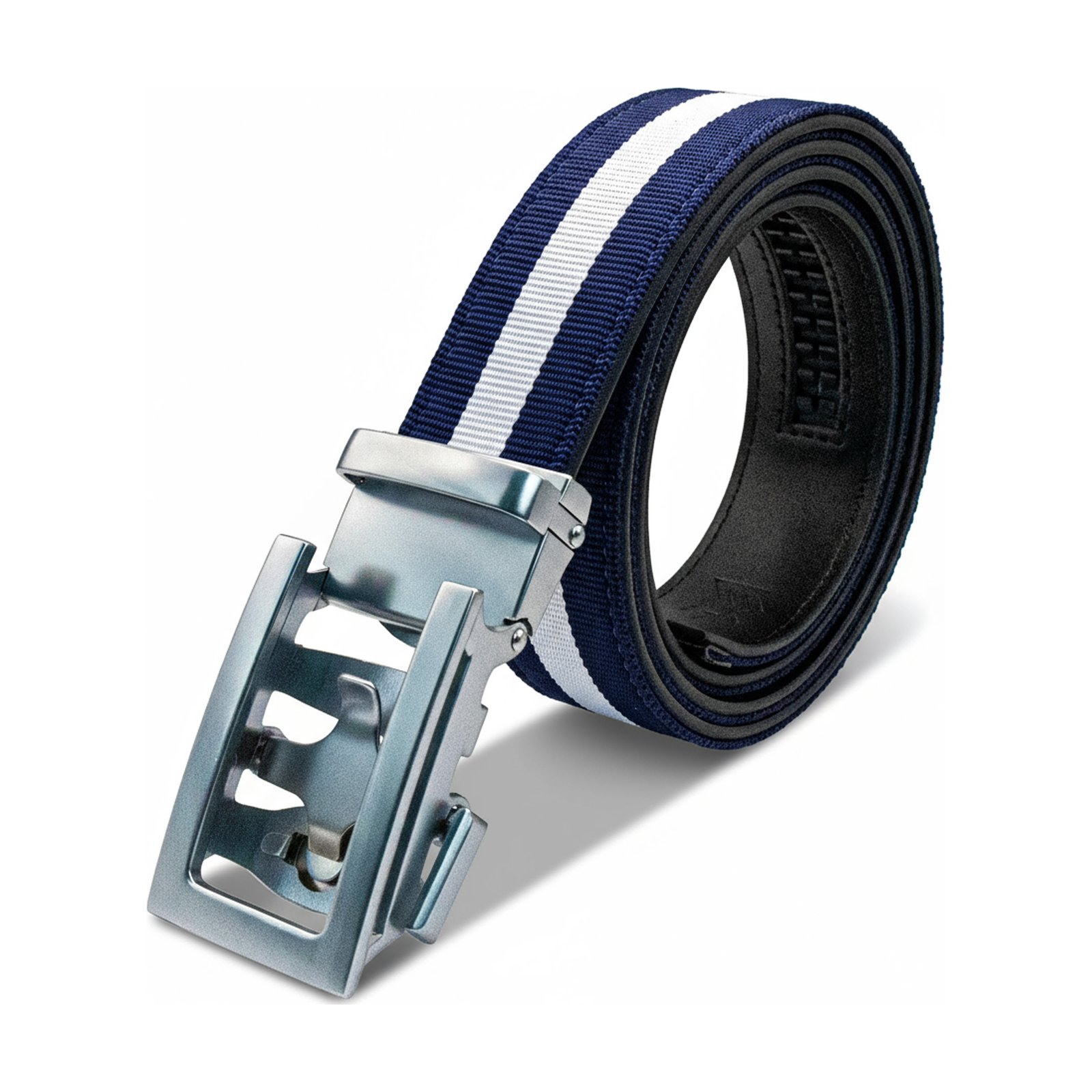 MEKLINK Metro — navy-white striped strap with polished silver buckle, studio detail