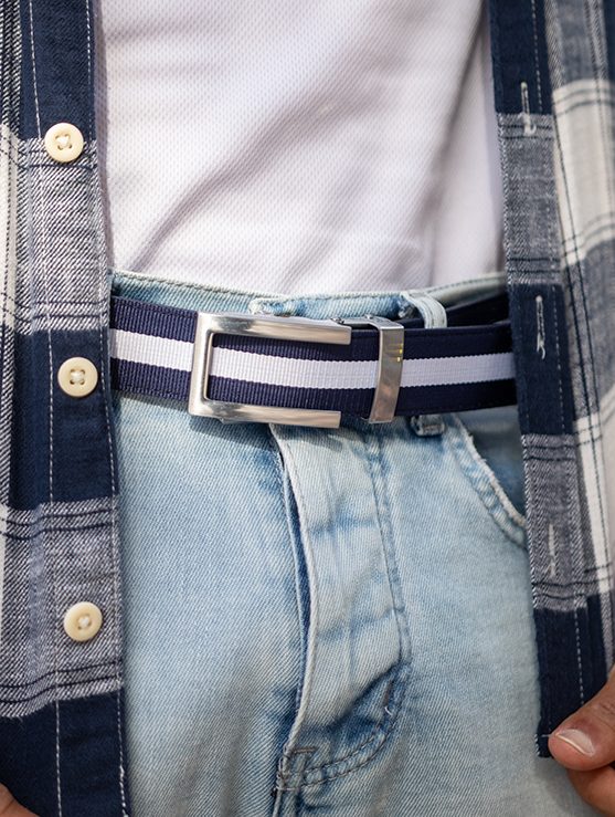 MEKLINK Metro — navy-white striped strap with polished silver buckle